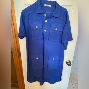 💙 Blue Tassel Blue Linen-Blend Shirt Dress – Designer Sample